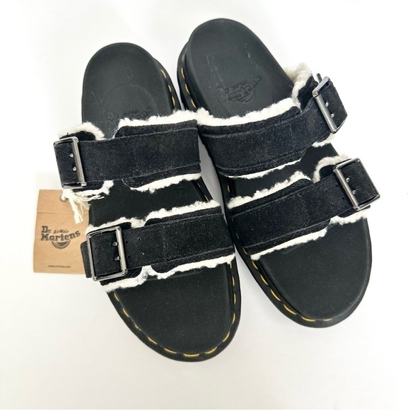 NWT Dr. Martens Myles black leather two-buckle sandals slide fur fleece NIB sz 6 - Picture 10 of 15